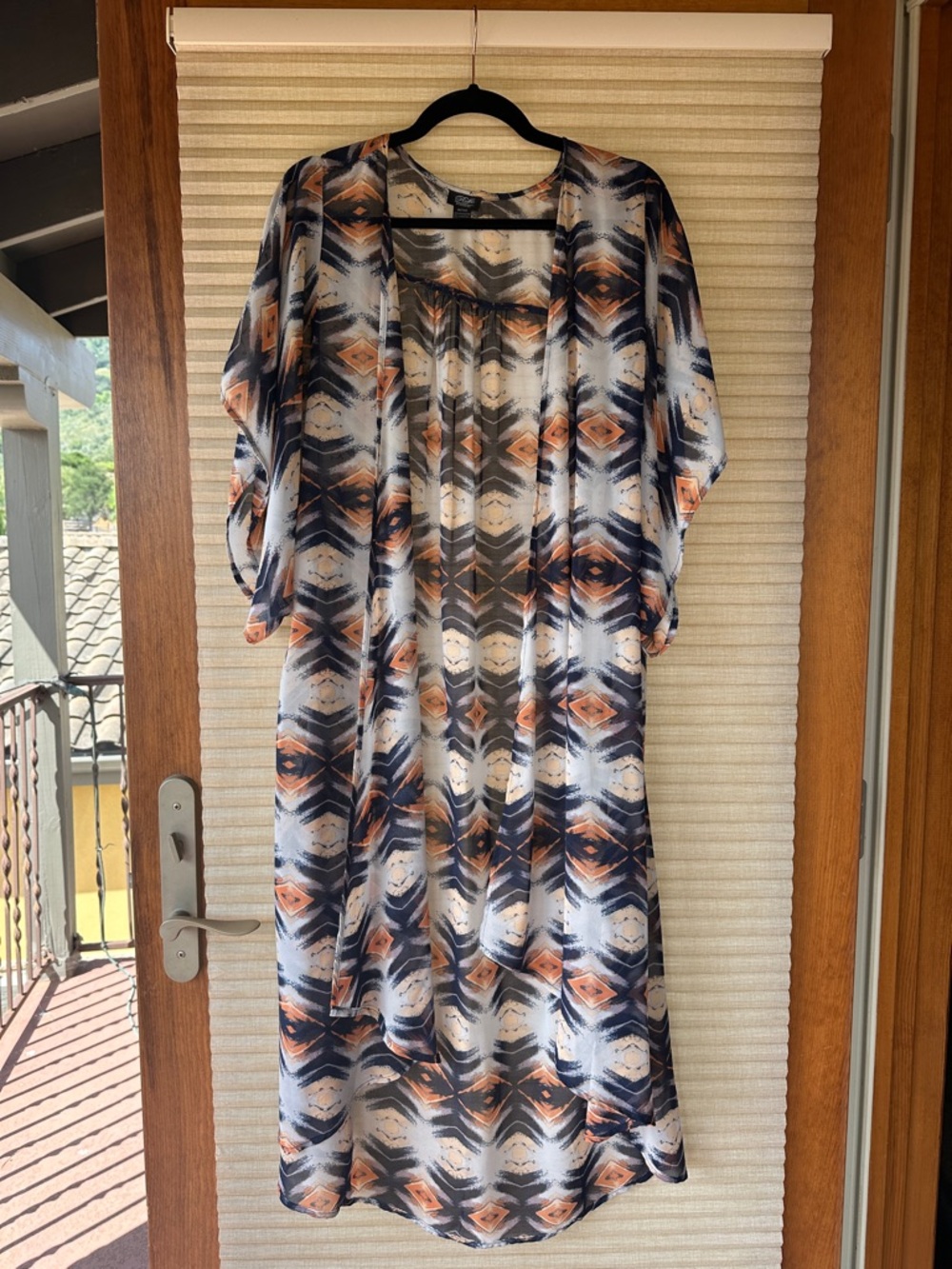 Geometric Print Long Kimono in Navy and Cream with Rust Accents size Large